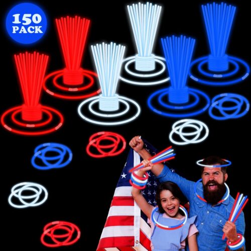 4th of July Red White Blue Glow Sticks Party Favors Supplies 150 PCS,Light Up Bracelets Necklaces Accessories Decorations for Kids,Fun Items for Fourth of July Patriotic Birthday Pool Games Activities