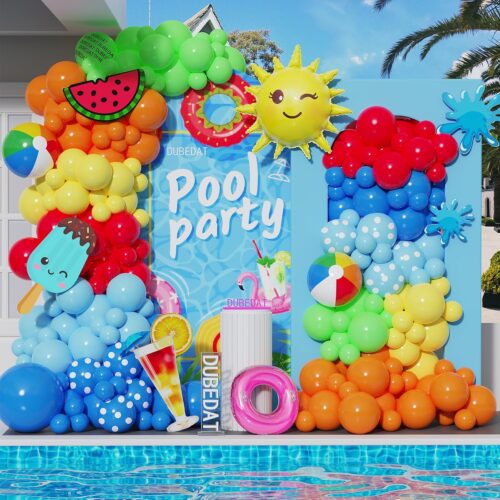 Summer Pool Beach Party Decorations,140pcs Beach Ball Tropical Balloon Garland Arch Kit for Summer Party, Rave Party Supplies, Pool Beach Party，Birthday Decorations