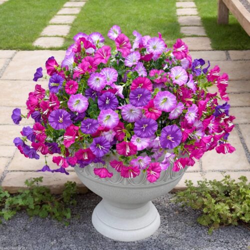 Artificial Flowers for Outdoor, Fake Flowers Faux Plants for Outside Indoor, 4PCS Spring Decor, Morning Glory Petunia UV Resistant, for Garden Porch Window Box Home Planters (Dark&Light Purple Bulk)