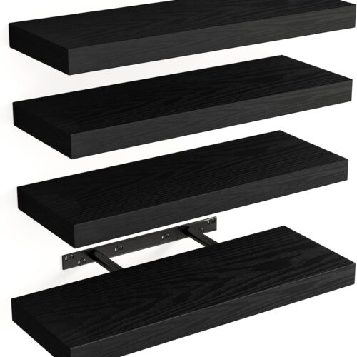 Floating Shelves for Wall, Wall Mounted Rustic Wood Shelves for Bathroom, Living Room, Bedroom and Kitchen, Wall Shelves for Storage,Books,Room Decor (Black, Set of 4, 15.8 Inch)