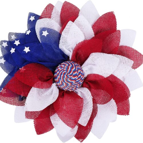 Independence Day Wreath Patriotic Wreath for Front Door American Flag Theme Handmade Flower Shaped Garland Holiday Hanging Ornament for 4th of July Memorial Day Window Wall Decoration