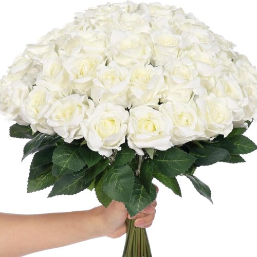 60 Pcs Artificial Roses in Bulk, Fake Silk Roses Realistic Roses Stem Faux Roses Bouquet for Wedding Centerpieces Flower Arrangement Home Decor (White)