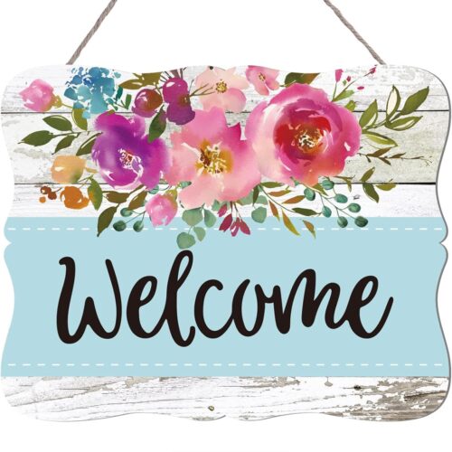 Welcome Hanging Sign Front Door Decor Spring Summer Wooden Welcome Sign Watercolor Floral Welcome Sign Rustic Farmhouse Flower Print Wood Sign for Holiday Home Coffee Shop Window Door Decor
