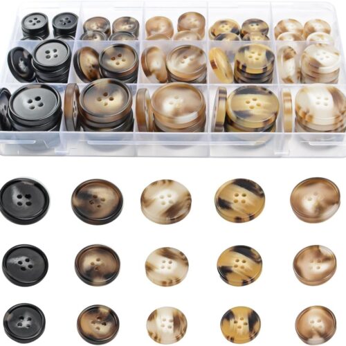 110Pcs Mixed Sewing Buttons, 4-Hole Craft Round Blazer Buttons, 5 Color 3 Size (15mm, 20mm, 25mm) Suit Coats Resin Button, Suitable for Variety Clothing Sewing, DIY Craft (Coffee Color)