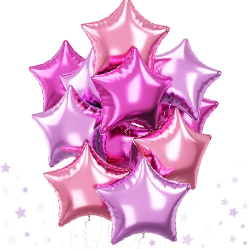 Purple Pink Star Foil Balloons Set, 18 Inch 12 Pcs Lavender Pink Pentagram Aluminum Foil Balloons Hot Pink Purple Stars Shape Mylar Helium Balloons for Girls Women Birthday Wedding Baby Shower