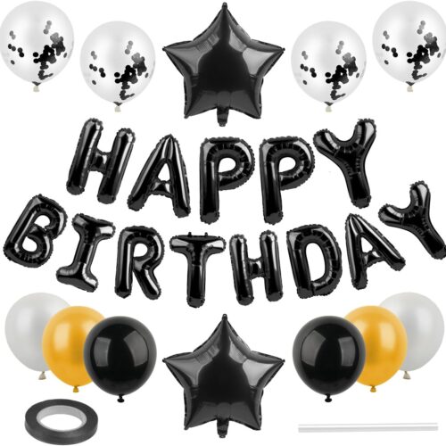 25 Pcs Birthday Balloon Banner - Happy Birthday Balloons, Decorations - 3D Foil Letter & Star (Black)