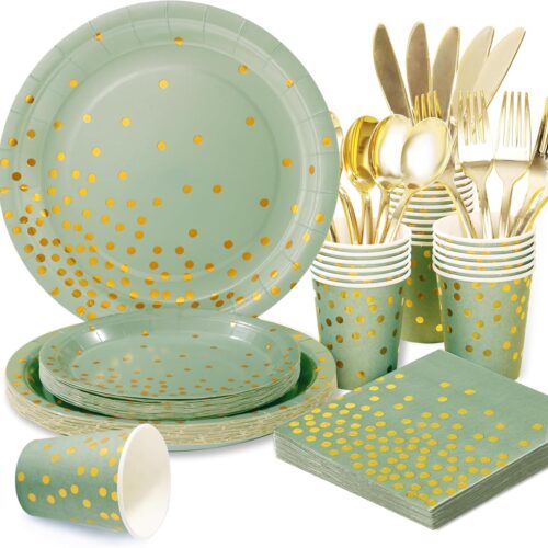 175 Pcs Sage Green Plates and Napkins Party Supplies - Sage Green Paper Plates Serve 25 Guests - Sage Green and Gold Disposable Plates Sets for Holiday Wedding Birthday Party Decoration