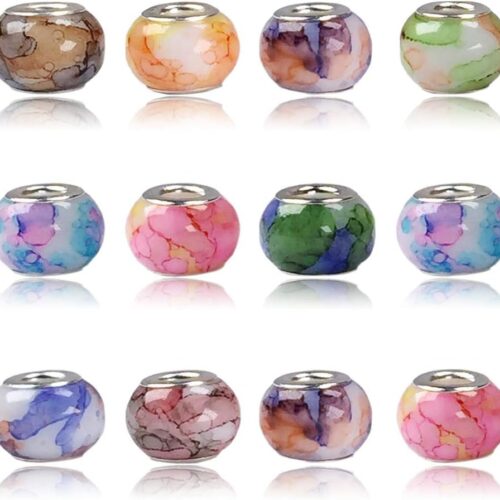 100Pcs 15x11mm Painting Murano Large Hole Glass Beads Mix Color with Silver Brass Cores European Charm fit Bracelet Necklace (Watercolor Effect OPEC White Glass)
