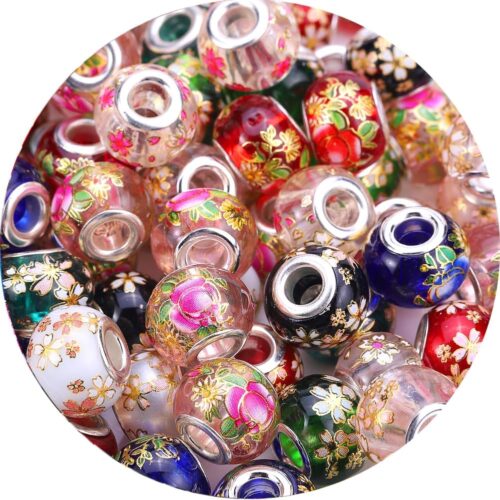 50Pcs 15x11mm Murano Large Hole Glass Beads with Silver Brass Cores European Beads for Jewelry Making (Japanese Hand Painting)