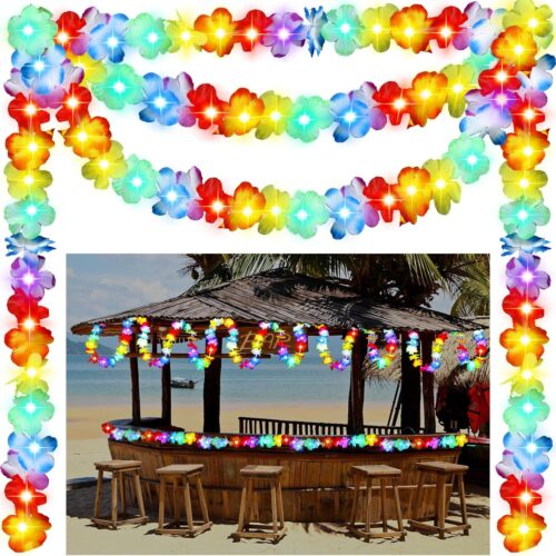 35.43ft Light up Hawaiian Flower Lei Garland Tropical Hawaiian Garland LED Lighted Luau Party Flower Banner for Luau Summer Beach Party Decorations