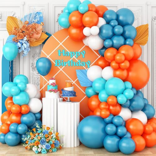 Orange and Blue Balloons Arch Garland Kit, Teal Blue Peacock White Latex Balloon Kit, Blue and Orange White Party Balloons Decoration for Birthday Wedding Baby Shower Party Supplies