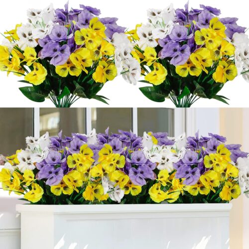 Artificial Fake Flowers Outdoor UV Resistant Artificial Pansies Wild Flowers Daisy 6 Bundles Faux Silk Flowers for Outdoors Garden Porch Window Box Home Wedding Farmhouse Decor (Hunse)