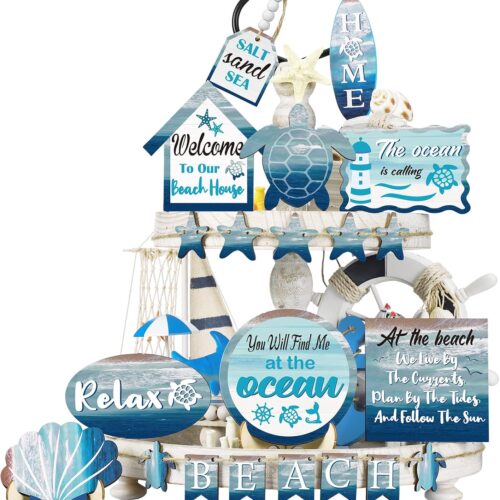 21 Pcs Summer Beach Tiered Tray Decor Set Farmhouse Tray Decor Items Sea Turtle Shell Conch Wood Sign Rustic Beach Table Decoration for Home Kitchen Hawaii Party Holiday Outdoor Shelf
