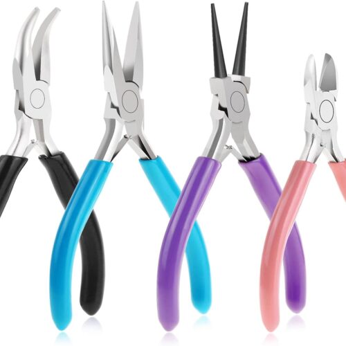 4Pcs Jewelry Pliers Tool Set Includes Needle Nose Pliers, Round Nose Pliers, Wire Cutters and Bent Nose Pliers for Jewelry Beading Repair Making Supplies