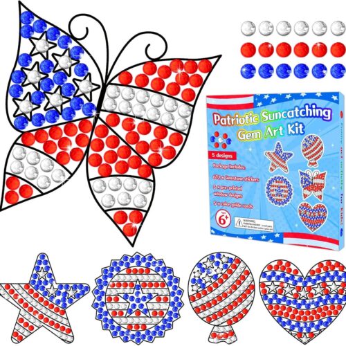 Memorial Day Arts and Crafts, 4th of July Patriotic Art Crafts Suncatcher Kits for Children Teenagers Kids at 6-8, USA Flag DIY Diamond Painting Kits for Girls at 4 5 10 12