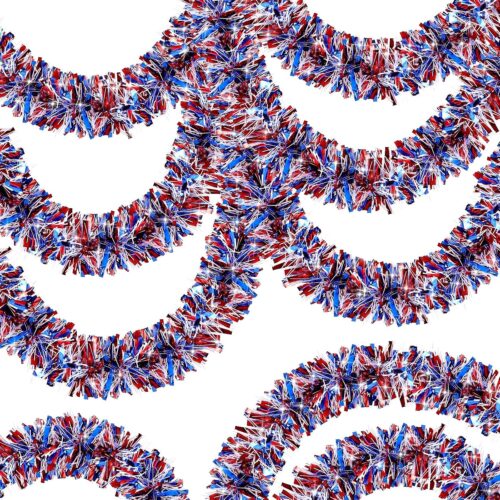 50FT 4th of July Garland Patriotic Red White and Blue Tinsel Flags Garland for Indoor Outdoor Party Celebration Holiday Red White and Blue Memorial Day Independence Day 4th of July Decorations