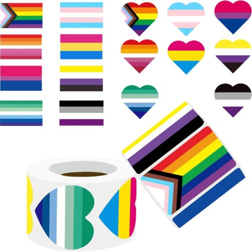 Pride Stickers 1000 PCS, LGBTQ+ Heart & Flag Stickers Pack Roll for Transgender Lesbian Bi Nonbinary Gay Pan ACE Stuff Parade Accessories Present (500 Pieces Per Roll)