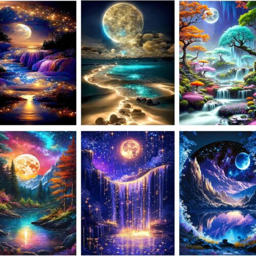 6 Packs Diamond Art Painting Kits for Adults,Beach Moon Diamond Painting Kits for Beginners,Landscape 5D Full Drill Diamond Dots,Gem Art Crafts for Adults Wall Decor 12x16inch
