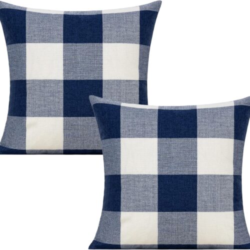 Outdoor Blue Throw Pillow Covers 18x18 Set of 2 Buffalo Plaids Check Summer Front Porch Decorative Gingham Cushion Cases Home Decor Farmhouse for Patio Furniture Couch Bed Sofa,Navy Blue White