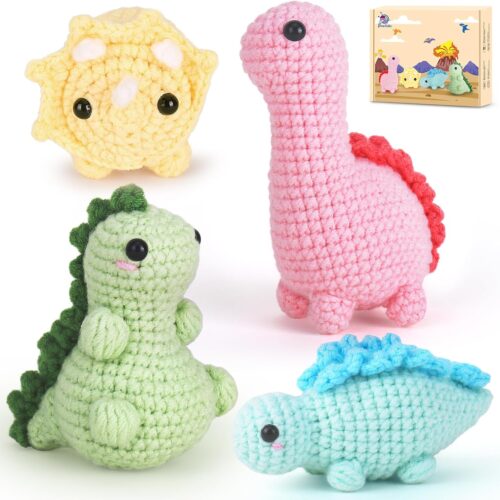 Crochet Kit for Beginners, Beginner Crochet Kit for Adults with Step-by-Step Video Tutorials, DIY Crochet Animal Kits Kids Knitting Supplies, 4 Pack Dinosaurs (40%+ Yarn)