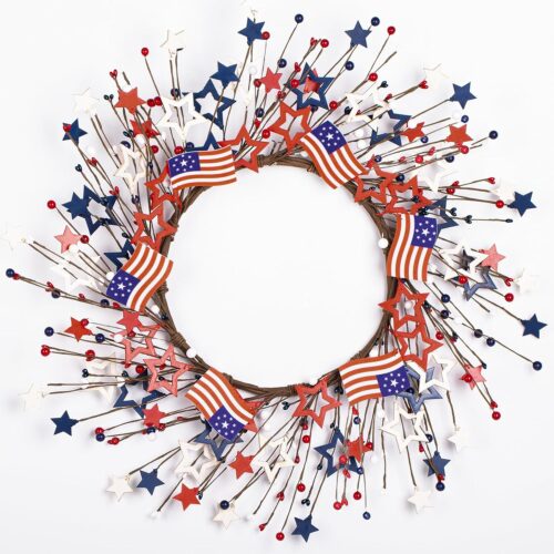 Independence Day 20inch Red White Blue Berries Wooden Star American Flag Patriotic Wreath for Front Door, 4th of July Memorial Day Decor