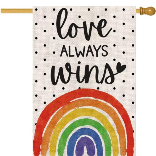 Love Always Wins House Flags for Outdoor, Rainbow Pride Gay Pride Lesbian LGBT Yard Flags for Outside, Pansexual Decorations for Farmhouse Holiday Patio Outdoor Outside Celebration,28x40 Inch Double