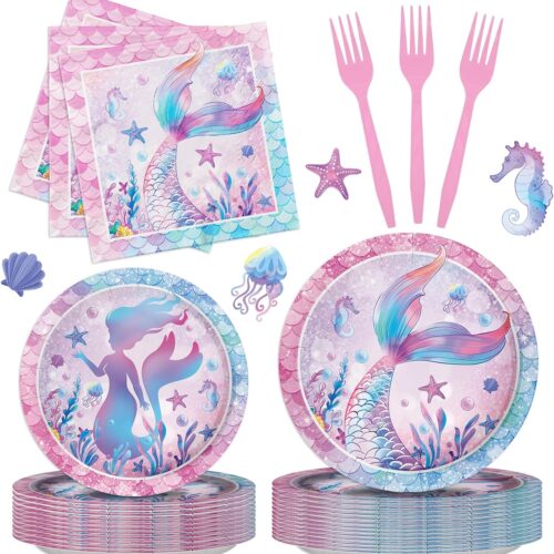 96pc Mermaid Birthday Decorations - Mermaid Party Decorations, Supplies Plates Napkins Serves 24