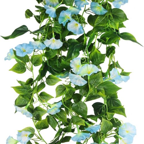 2 Pcs Artificial Vines for Outdoors Silk Morning Glory Vines 15Feet Hanging Plants Blue Flowers Garland Fake Green Plant Morning Glories for Home Decor Wall Fence Wedding Hanging Baskets