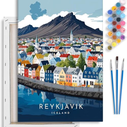 Framed Paint by Numbers Kit for Adults Beginner & Kids Ages 8-12, Iceland Landscape Paint by Numbers With Frame, DIY Number Painting for Adults Colorful Town for Home Wall Decor Gift 8x 12 inch