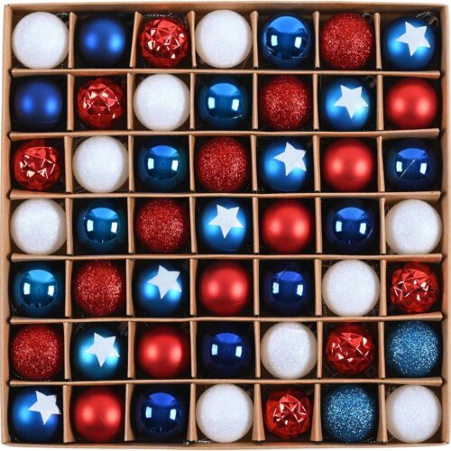 4th of July Tree Decorations,49ct 1.18 Inch Mini Patriotic Red White and Blue Memorial Day Ornaments for Small Tree, Shatterproof Hanging Christmas in July Ornaments for Independence Day