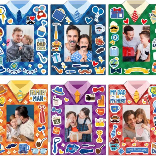 Father's Day DIY Craft Kits for Kids 24 Packs DIY Father's Day Shirt Photo Frames Set with Stickers Paper Picture Frames Happy Father's Day Gifts Craft for Art Class Activities Party Decor