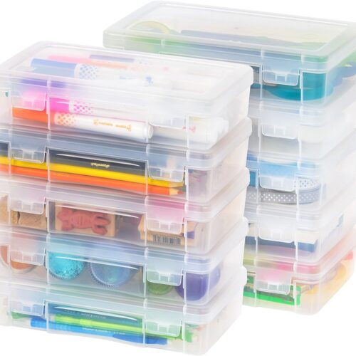 USA Pencil Case Box Storage Container for Organizing with Snap Lid, 10-Pack, Big Capacity Stackable Plastic Pen Pouch for Craft Hobby Art Supplies Journaling Stationery Sticker, Clear, Medium