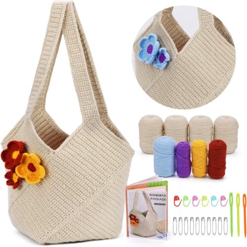 Crochet Bag Kit Crochet Kit for Beginners Adult, Crochet Starter Kit - Shoulder Bag Crochet Kit with Step-by-Step Video Tutorials Crochet Yarn, Crochet Hook for Crafting Gift