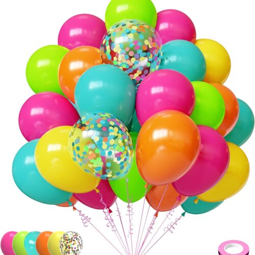 Tropical Rainbow Balloons, Summer Hot Pink Yellow Orange Lime Green Teal Party Balloons Multicolor for Summer Hawaiian Luau Aloha Birthday Pool Party Decorations