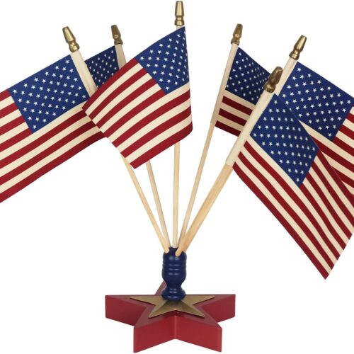 4th of July Decorations, American Flag with Pentagram Bracket Wooden Block, Patriotic Independence Day Decor for the Home, Fourth of July Memorial Day Tiered Tray Decor for Mantel, Table
