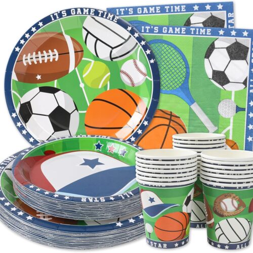 Sports Themed Party Decorations (Serves 24) Dinner Plates, Dessert Plates, Cups, Napkins. Sports Baby Shower and Birthday Decorations for Kids, Boys, Girls and More