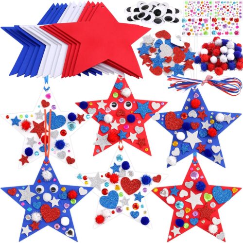 4th of July Crafts for Kids Patriotic Star Foam Craft Kit Self Adhesive Glitter Foam Stickers for Independence Day Party Favors Fourth of July School Classroom Art Projects 12 Sets