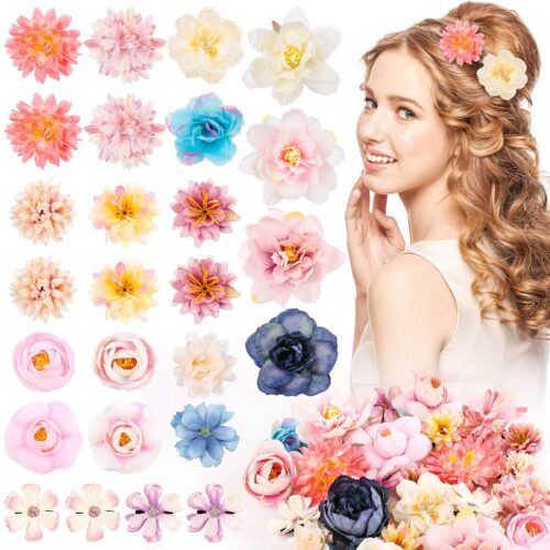 Hair Clips, 26Pcs Flower Hair Clips for Women, Flower Hair Accessories Hawaiian Boho Hairclip for Girls, Silk Flower Hair Clip for Beach Party Wedding Graduation Cap Topper Decor