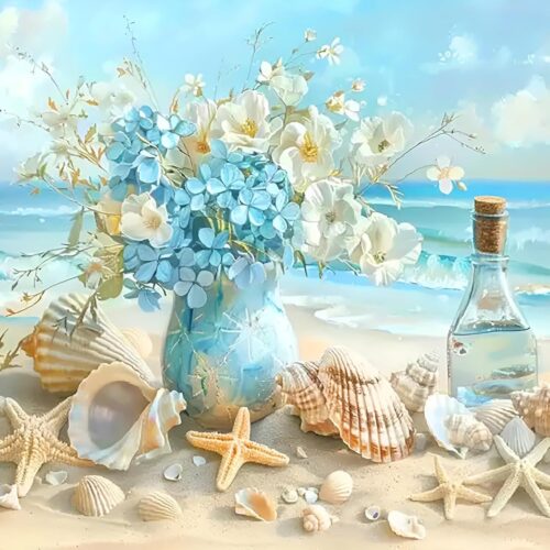 Beach Diamond Art Kits for Adults, Shell Flowers Diamond Painting Kits for Beginners, DIY 5D Full Drill Crystal Diamond Dots Gem Art Craft Home Decor 16x12 Inch