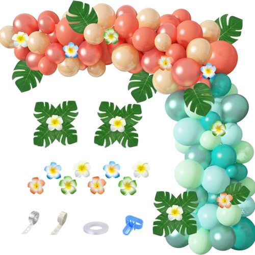 Tropical Balloon Garland Arch Kit, 12"10"5" Rose Gold Blush Blue Balloons Artificial Palm Leaves Plumeria for Magic Theme Birthday Party Supplies Baby Shower Hawaii Luau Party Decorations