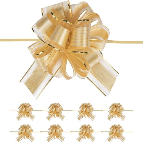 10 PCS Large Pull Bow Gift Wrapping Bows, Pull Bow with Ribbon for Wedding Gift Baskets, Party Gift Wrap Bows, Presents Decorating Bows (Gold)