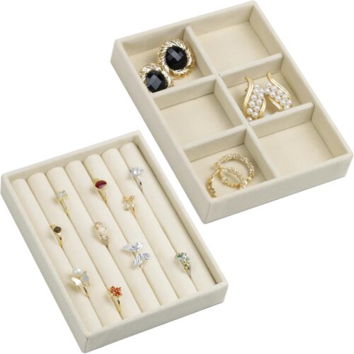 Velvet Jewelry Organizer Box, Jewelry Drawer Organizers Trays, Earring Ring Necklace Holder Display Case (Beige, Ring+6 Grid Trays)