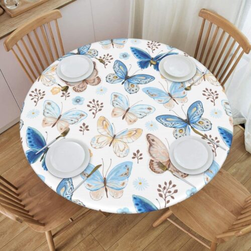Round Table Cloth Blue Butterfly Tablecloth Elastic Edge Fitted Table Cover Fits Tables Up to 40"-44" Diameter