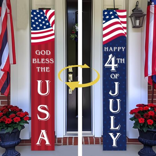 Two Sided 4th of July Porch Sign, 47.2In Wooden Independence Day God Bless The USA Front Door Decor, Long Vertical Patriotic Decorations for Home Entryway Outdoor Yard