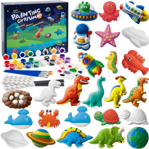 Kids Arts and Crafts Plaster Painting Craft Kit Art Set - Painting Your Own Space Dinosaurs & Marine Life Figurines - Ceramic Painting Kit for Kids, Girls, Boys, Toddlers