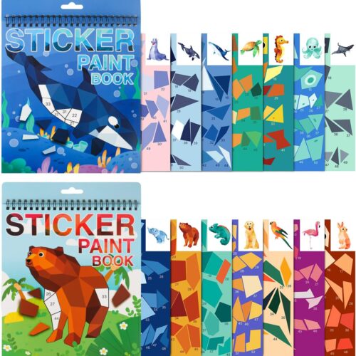 2PCS Crafts for Kids Ages 4-8,8-10 Sticker Paint Number Books Sticker Books for Kids Animal and Ocean Stickers for Birthday Easter Party Favor Road Plane Car Travel Activity (Ocean+Animal)