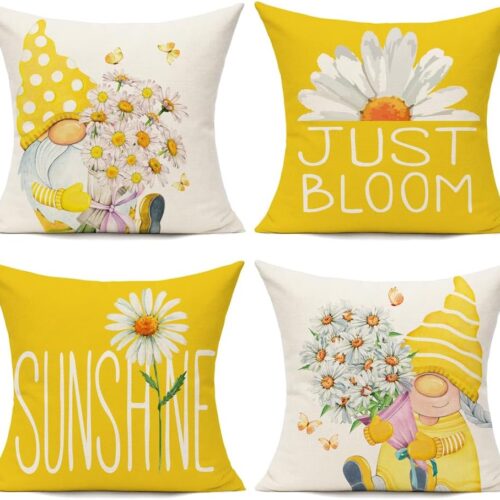 Outdoor Yellow Throw Pillow Covers 18x18 Set of 4 Spring Summer Decorative Cushion Cases Home Décor Decorations for Patio Couch Chair Sofa,Daisy Floral Gnomes