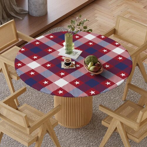 Patriotic Fitted Tablecloth Best for 45"-56" Round, Red White and Blue Plaid Americana, Patriotic Decorations for Outside, Picnic, Camping, Memorial