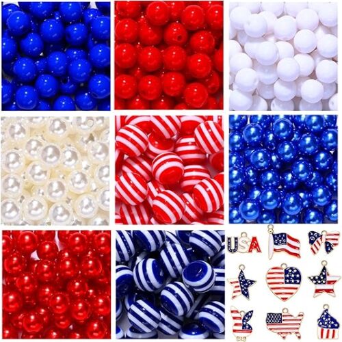 209PCS 4th of July Patriotic Beads Charms for Jewelry Making Enamel American Flag Star Charms Red Blue Acrylic Pearl Beads for DIY Independence Day Necklace Bracelets