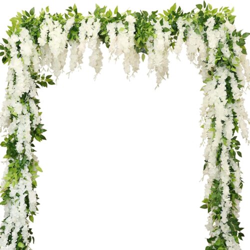 Artificial Flowers Garland, 2Pcs 7.2Ft/Piece Silk Fake Wisteria Vine Kit, Hanging Flower for House Outdoor Garden Ceremony Outside Wedding Arch Floral Decor (2, White)